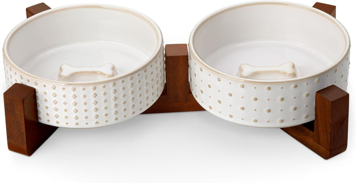 MALACASA Dog Bowl Set, Ceramic Bowls with Walnut Wood Stand - Rhombic+Polka Dots / 2 Cups