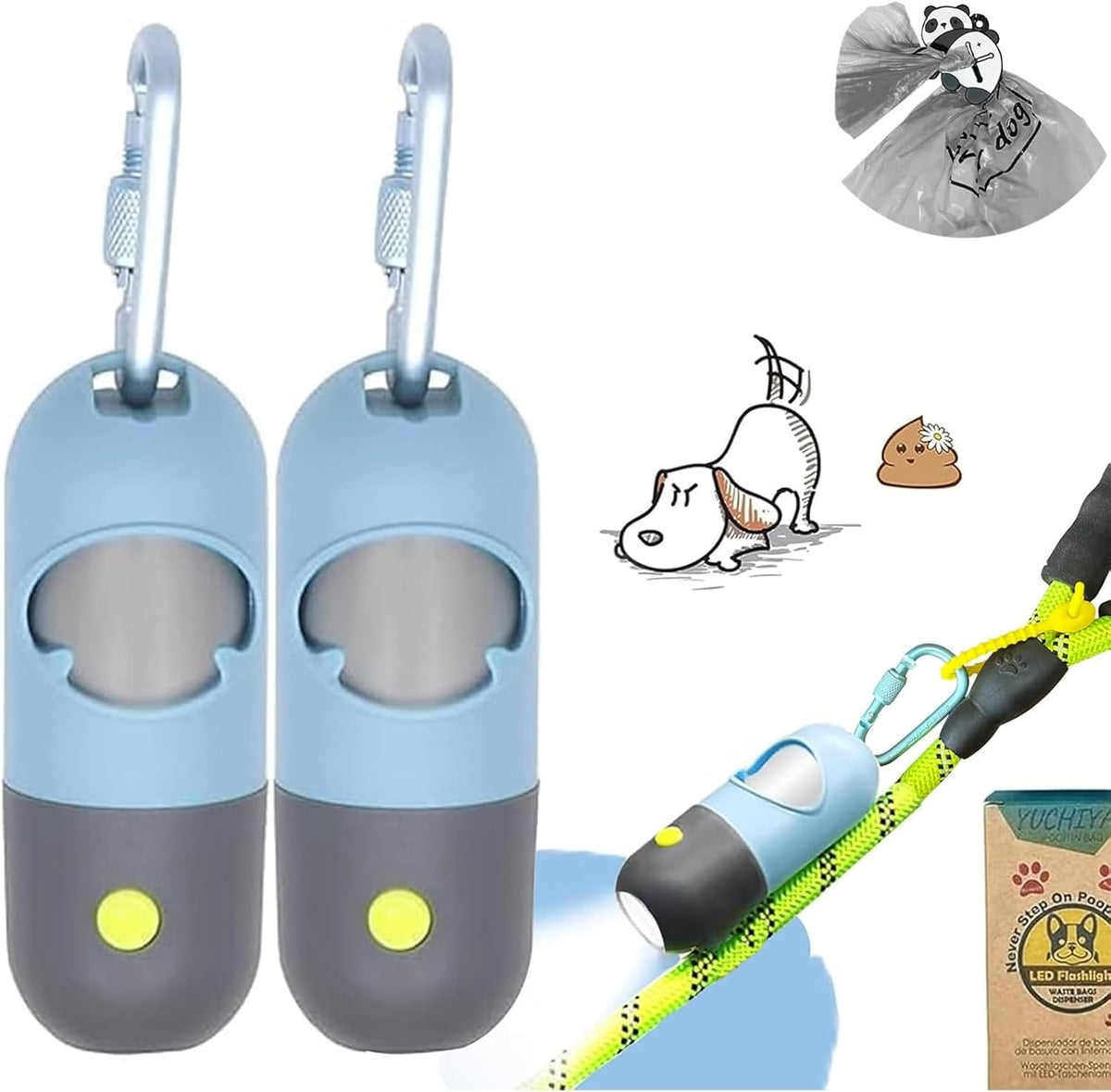 Dog Poop Waste Bags Holder with LED Flashlight - 2 Holder 30 Bags / Blue