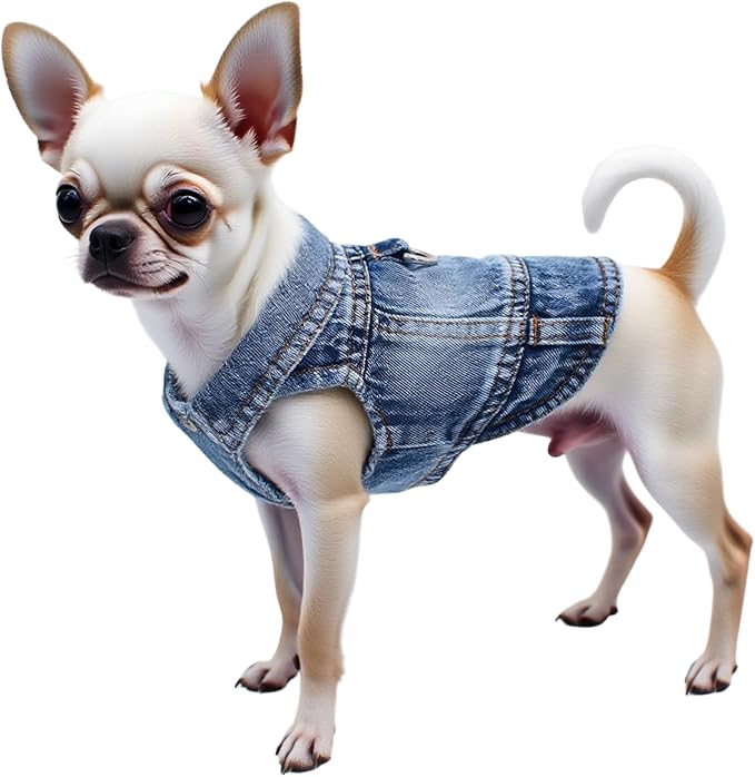 Puppy Clothes for Small Dogs Boy,Classic Western Denim Dog Coat,Dog Jeans Jacket with Leash D-Ring,Pet Cat Costumes,Cooling Harness Vest for Walking (Blue, XX-Large)