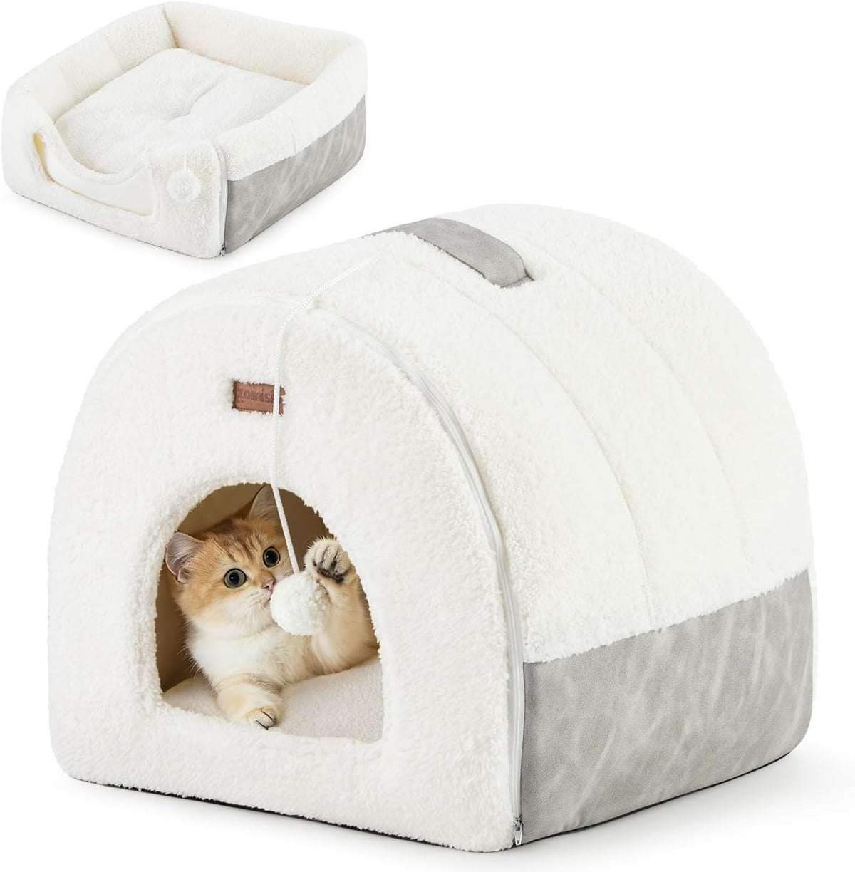 2in1 Cat Bed Cave for Indoor Cats Enclosed Bed with Washable Pillow – Essentials for Cats - M - 15.0"L x 15.0"W x 15.3"H / Cream