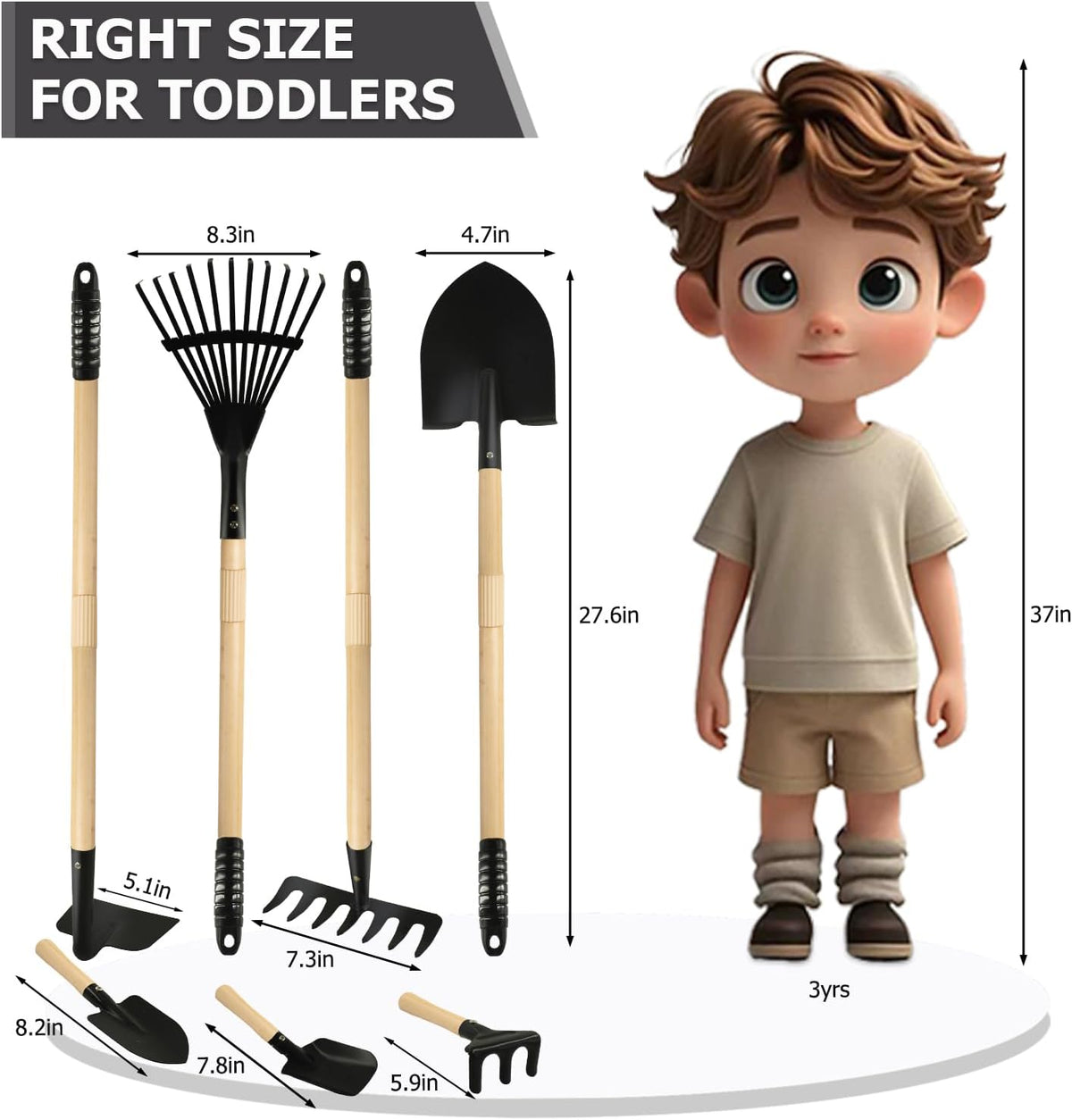 7PCS Kids Gardening Tools, Long Shovel, Rake for Leaves, Spade - Black - image 4
