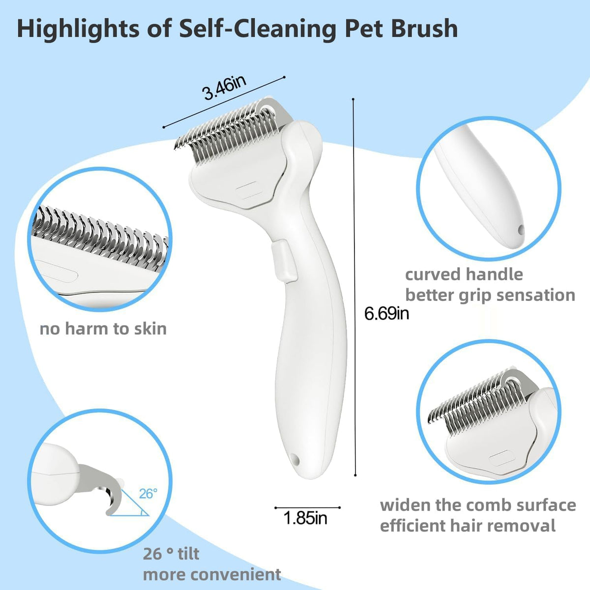 Undercoat Rake for Dogs & Cats, Self‑Clean Deshedding Brush - White - image 4