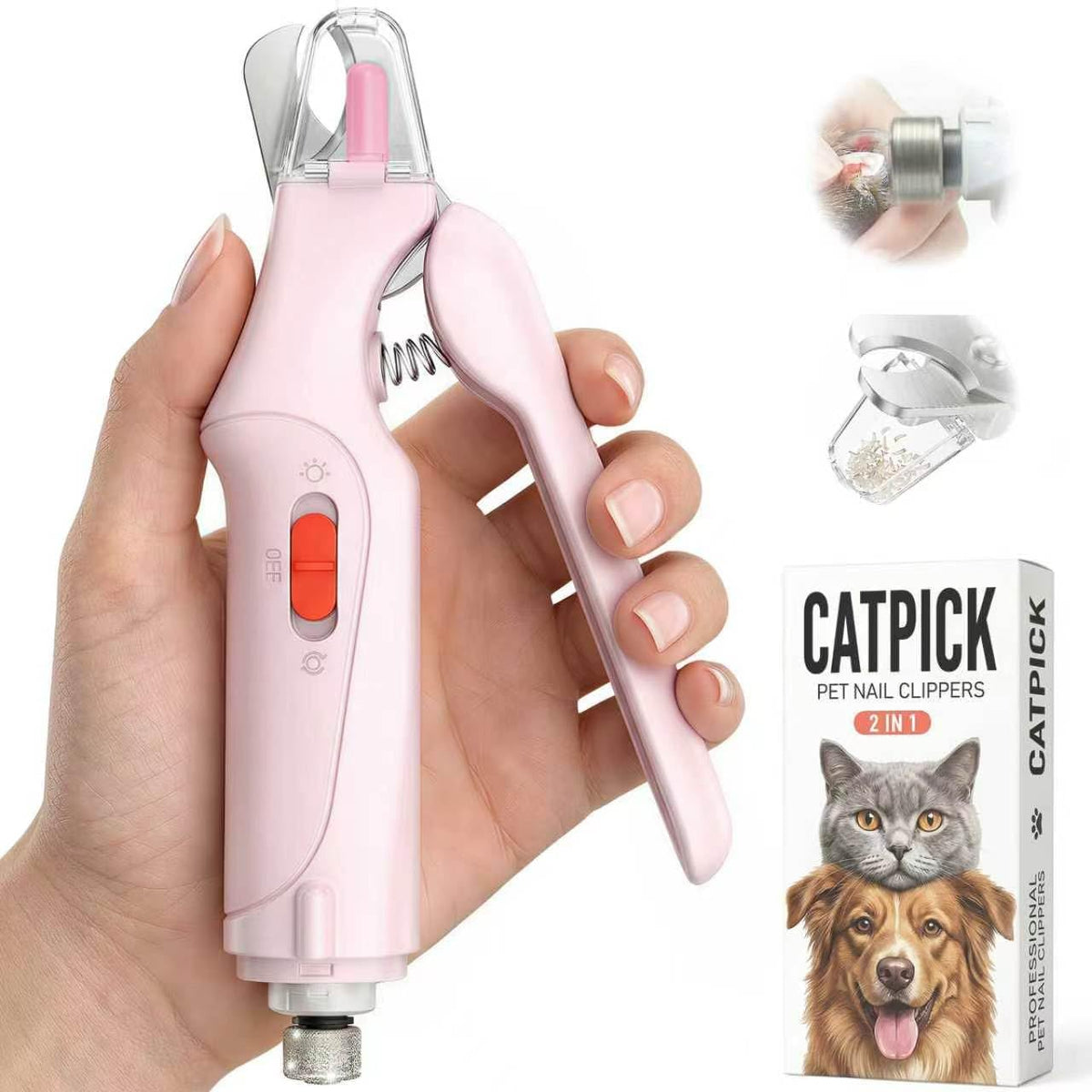 2-in-1 Cat & Dog Nail Clippers with Grinder and Dual LED Lights – Essentials for Dogs - Pink