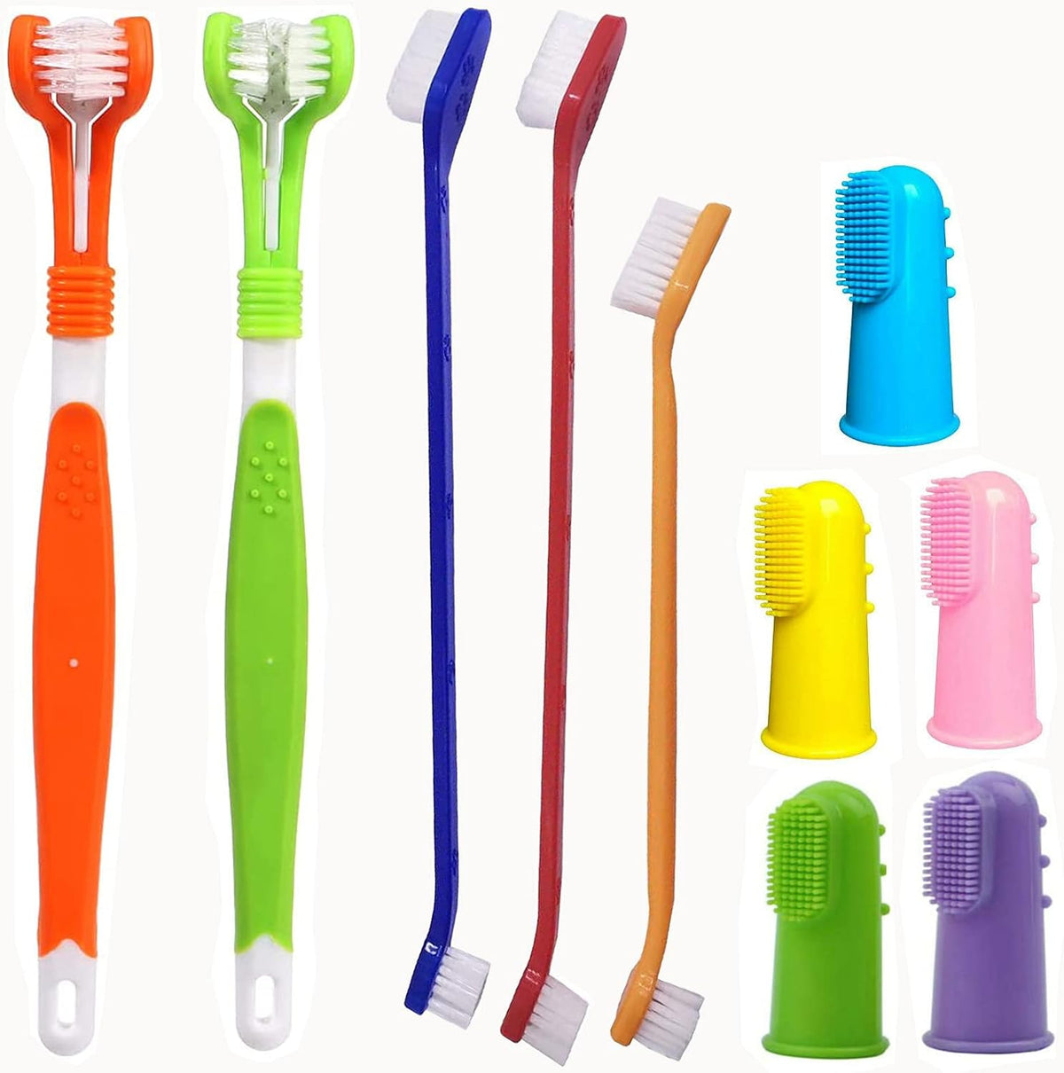 10-pack dog toothbrush set with triple head, double head and finger brushes
