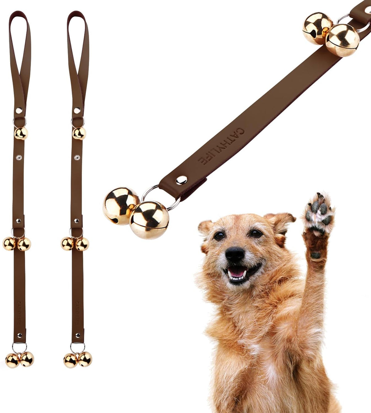 Leather Dog Doorbells to Go Outside, Brass Potty Training Bell – Essentials for Dogs - 2 Dark Brown Leather Golden Bells
