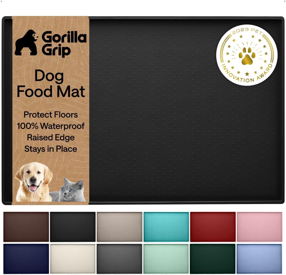 GORILLA GRIP Dog Food Mat, 100% Waterproof Silicone, 16x10 Beige – Essentials for Dogs - Black / 23"l X 15"w