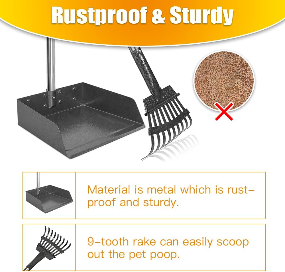 Pooper Scooper, Dog Pooper Scooper Long Handle Stainless Metal Tray and Rake for Medium Small Dogs - 2. Rake + Extra Large Tray - image 4