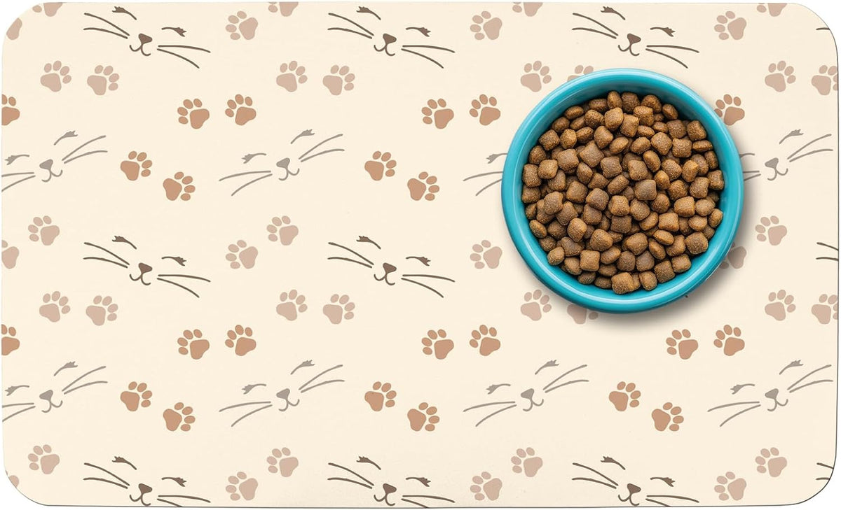 Patterned Cat & Dog Bowl Mat for Food and Water - Large (17" x 30") / Beige-catpaw