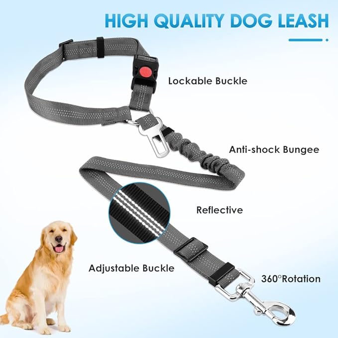 SlowTon Dog Seat Belt for Car, 2 Pack Dog Car Harness Seatbelt Adjustable with Elastic Bungee Buffer, 2 in 1 Pet Car Leash Headrest Restraint Dog Reflective Safety Tether (Grey, Headrest+Clip)