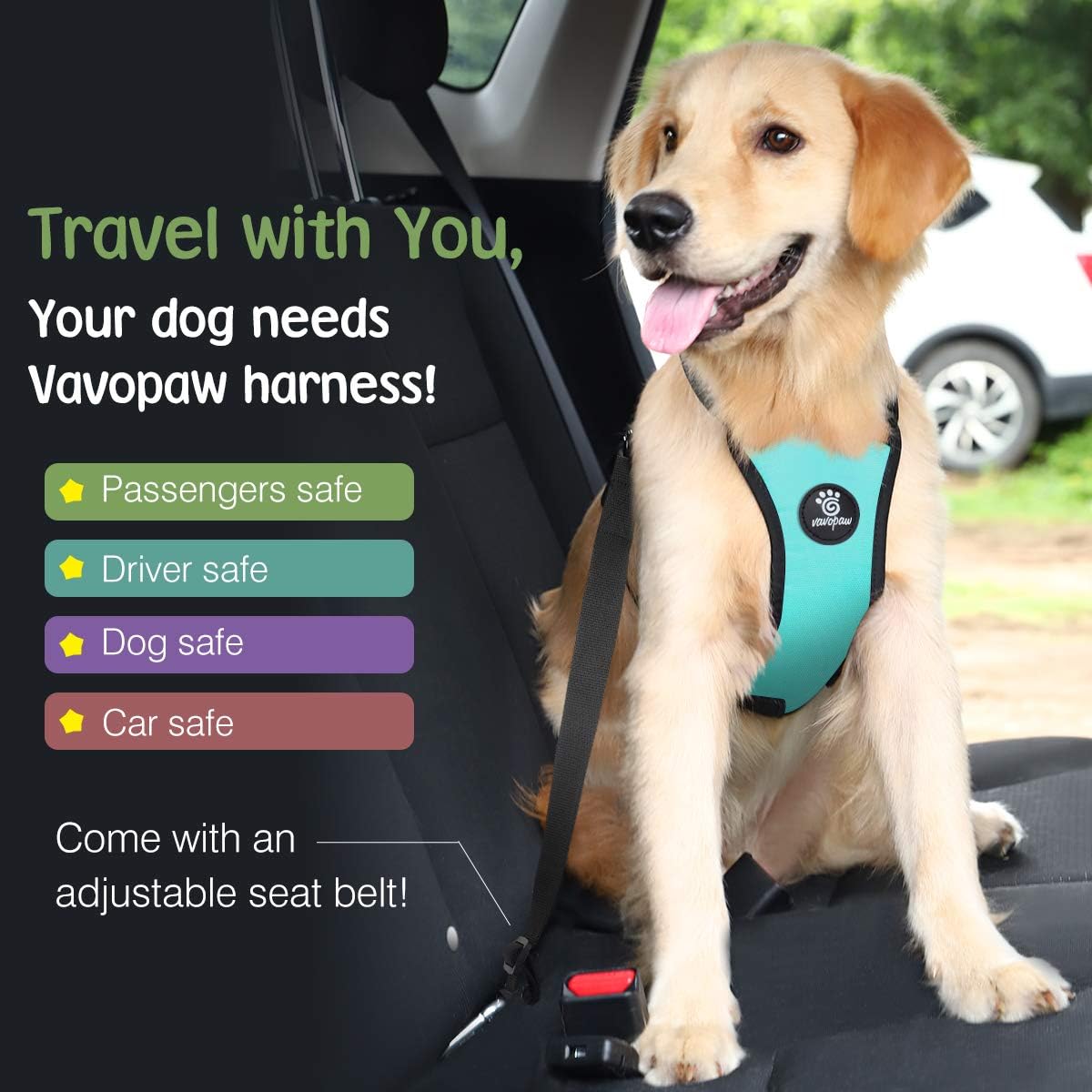 Dog Seat Belt Vest Harness for Car - Blue / M (Chest: 19.7-26.4", Neck: 12.6-20.5") - image 2