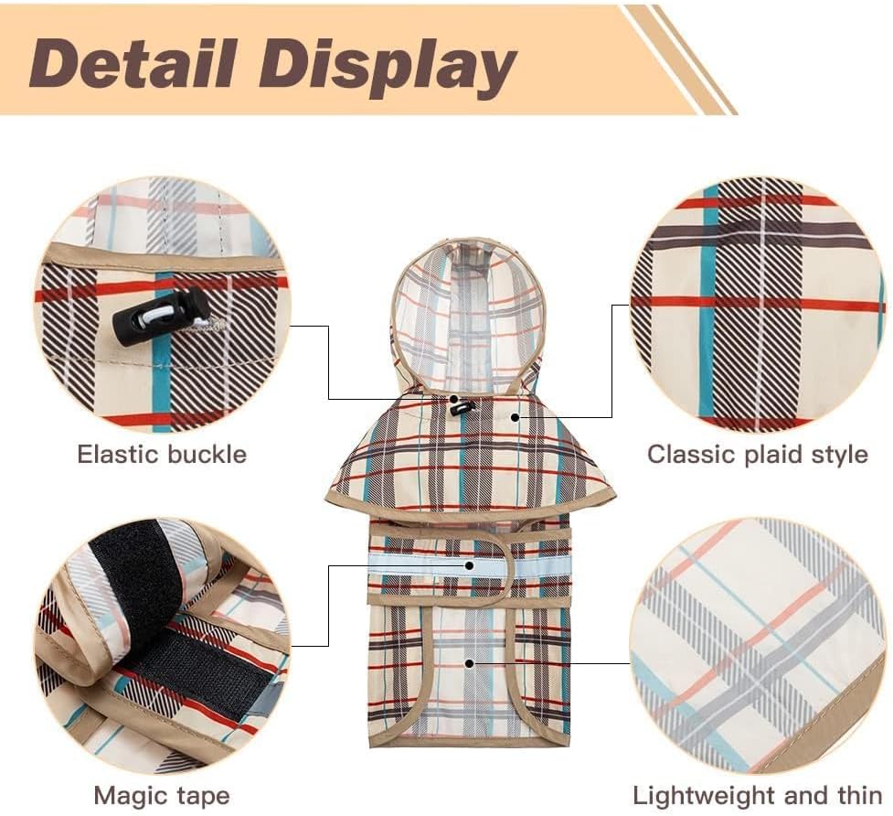 Dog Raincoat Hooded Slicker Poncho with Leash Hole - S:10-15lbs / Plaid beige - image 3