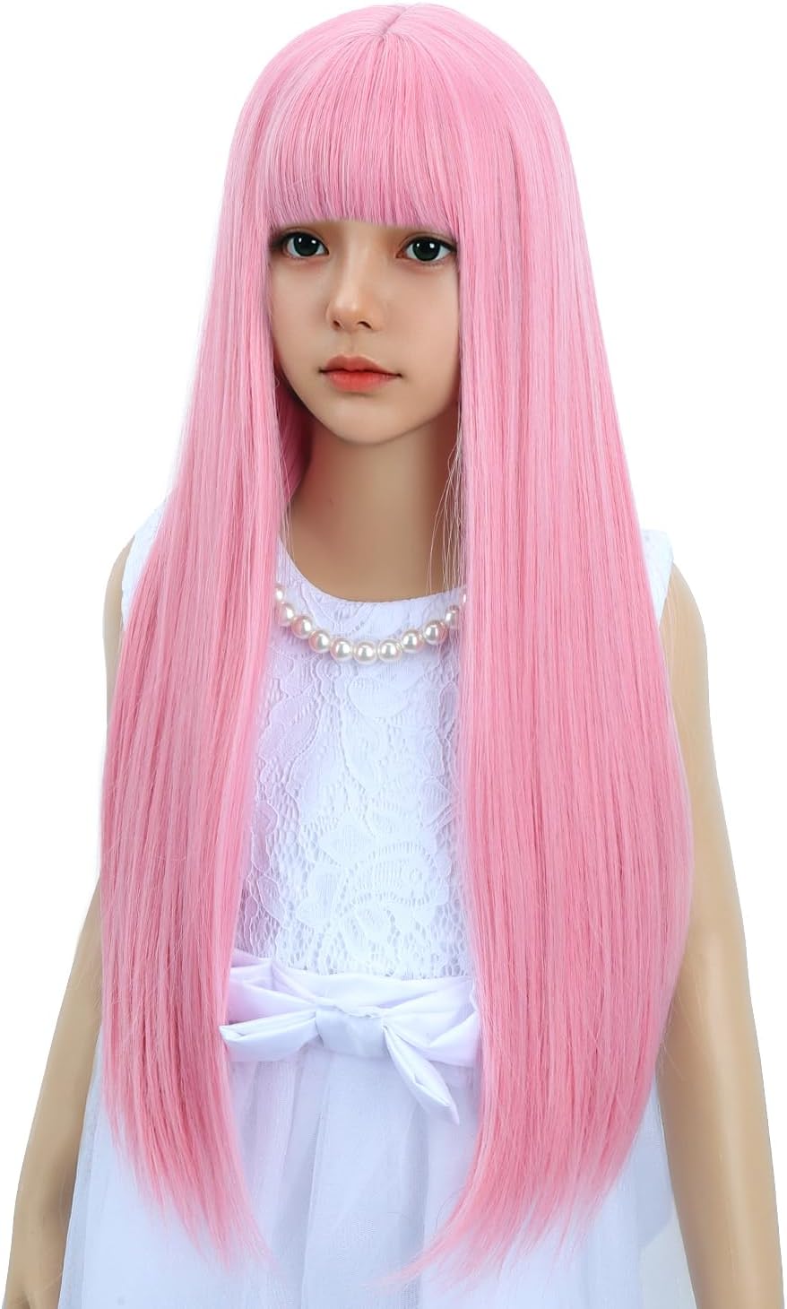 WAVELNM kids long straight black wig with hot pink highlights and bangs - view 25
