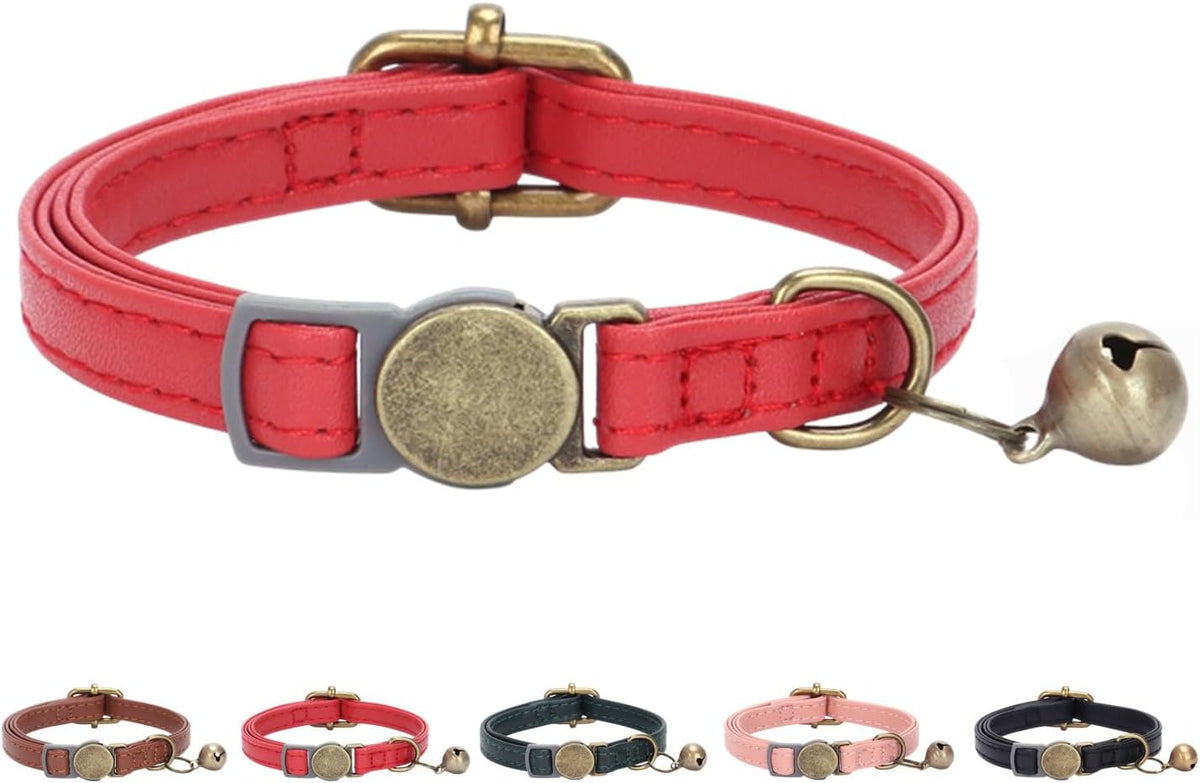 THAIN Leather Cat Collar with Bell Breakaway, Adjustable - Red