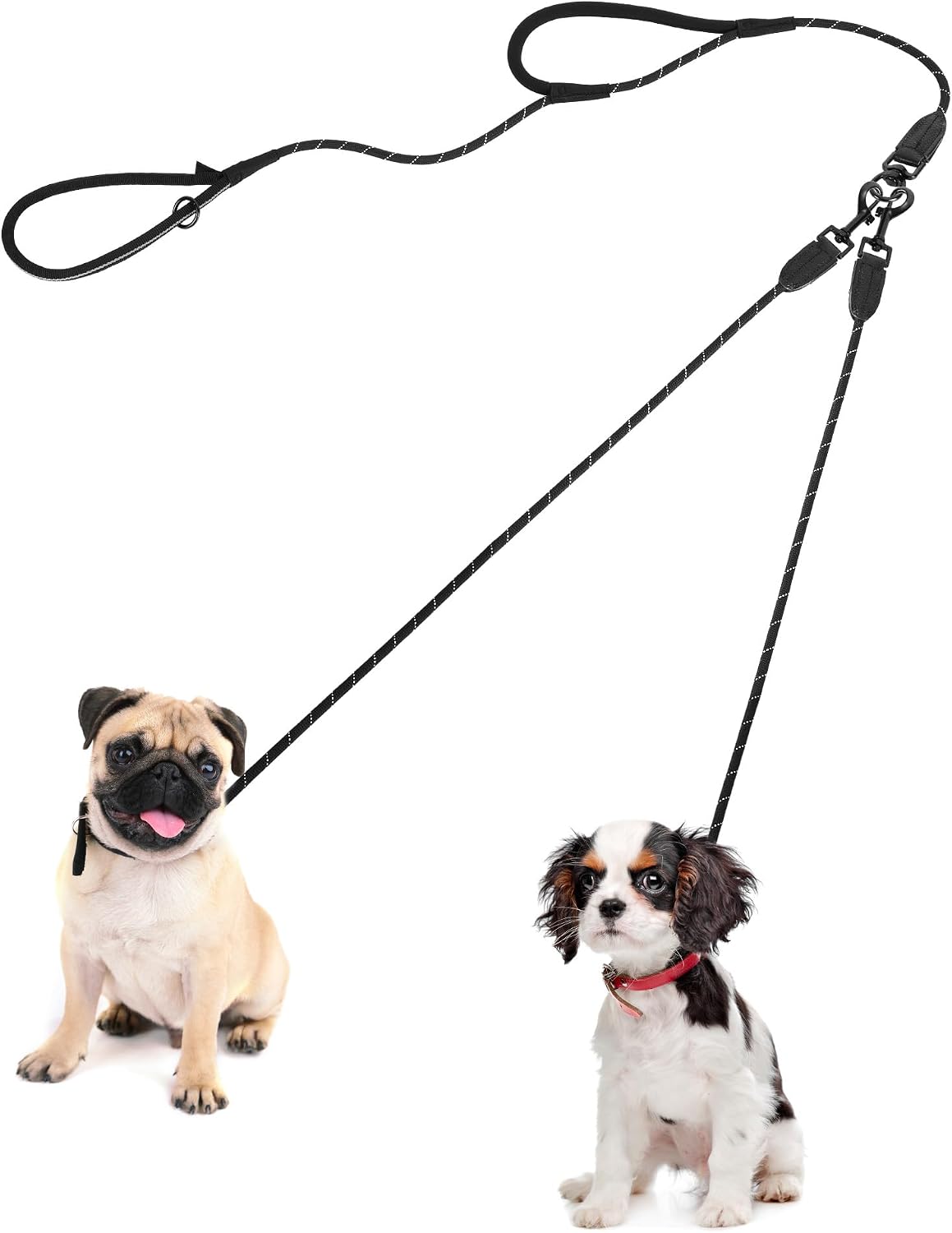 PetBonus rope double dog leash with swivel clip and padded handles for two dogs