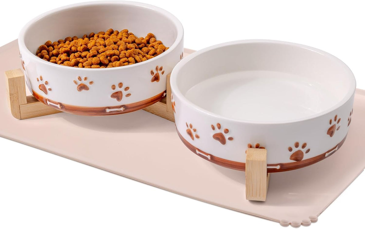 Ceramic Dog Bowls, 3.5 Cups Dog Food and Water Bowl Set for Medium Dogs with Wooden Stand - 1.7 Cups