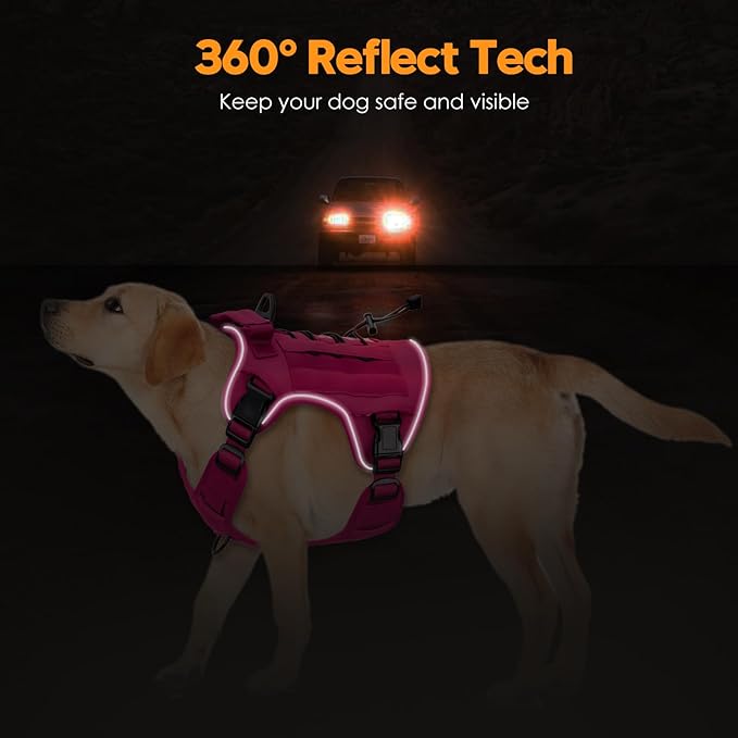 Heavy-Duty Tactical Dog Harness for Large Dogs, No Pull Adjustable Reflective Pet Vest with Molle System, K9 Military-Grade Control for Service Training, Outdoor & 10+ Breeds, Hot Pink, XX-Large