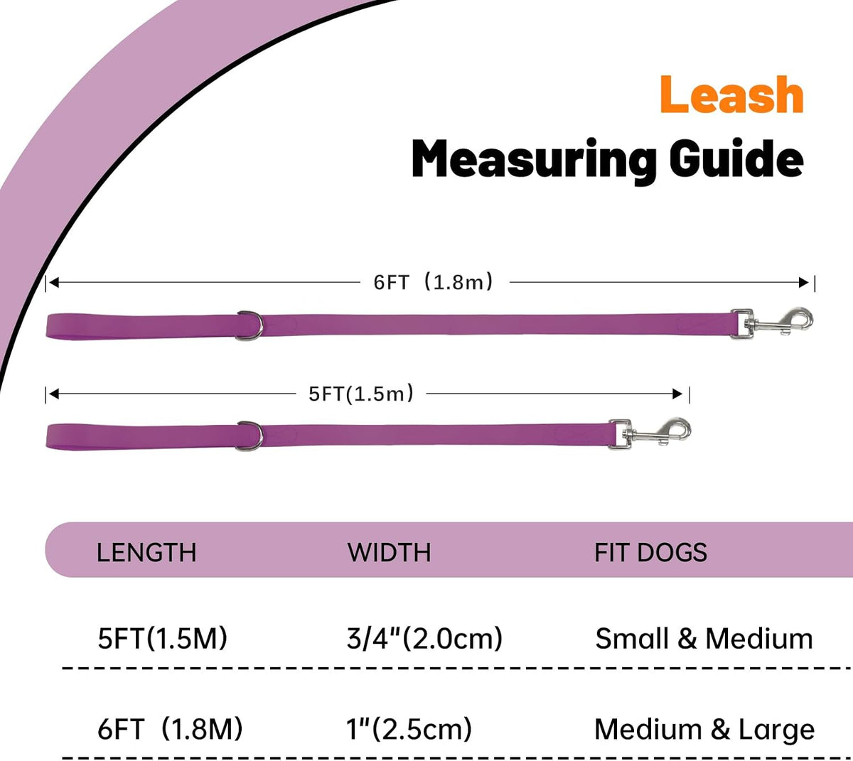 Waterproof Dog Leash, 5/6 FT Durable Odor-Proof Dog Leashes with Strong Metal Hooks Fits Small - Purple / 6FT - 1 inch Width - image 4