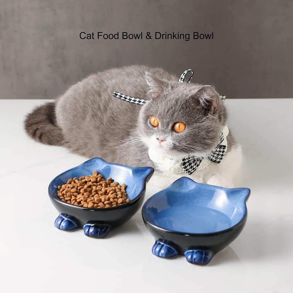 Nihow Ceramic Basic Cat Bowls: 5 Inch Cat Bowl for Food & Water – Essentials for Cats - 4.25 OZ / Blue & Black - image 4