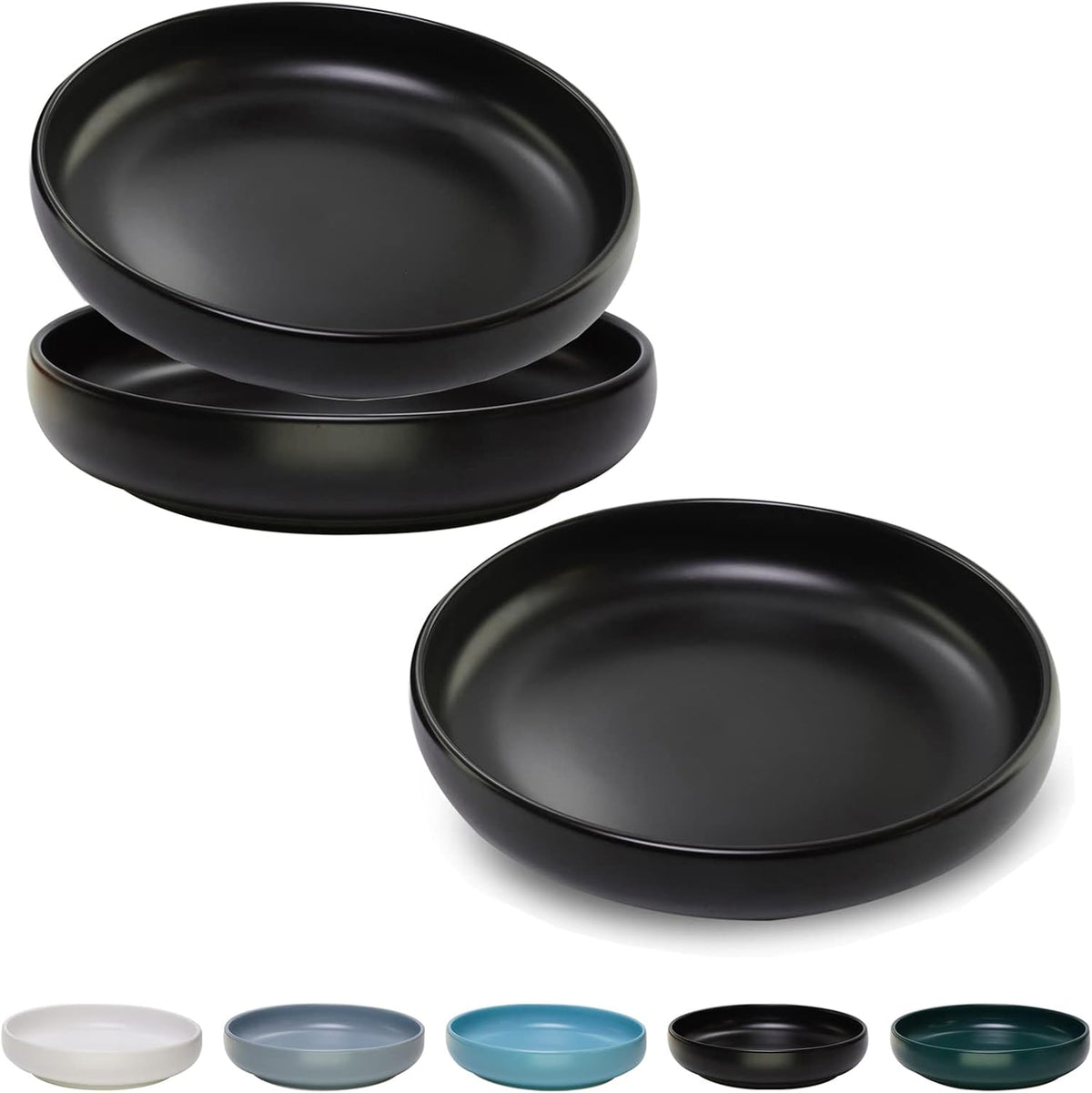 Ceramic Cat Bowls, Shallow Cat Dishes for Food and Water - Black-3pack