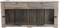 Large Dog Crate Furniture-Decorative Heavy Duty Dog Cage Indoor, Wooden Dog Cage End Table with Charging Station, Dog House with 2 Drawers (Gray, 70.86''L)