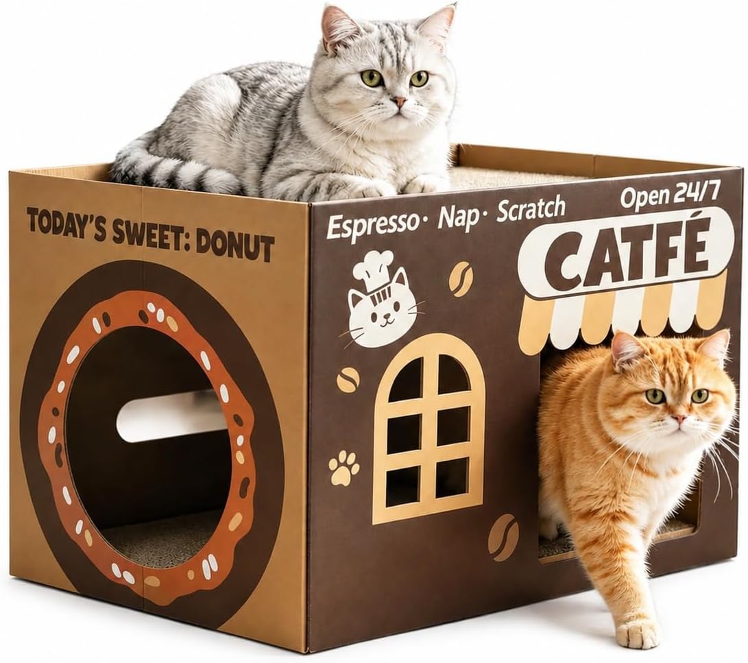 ARGOPET Cat Cardboard House with 2 PCS Scratching Pads – Essentials for Cats - New-Brown