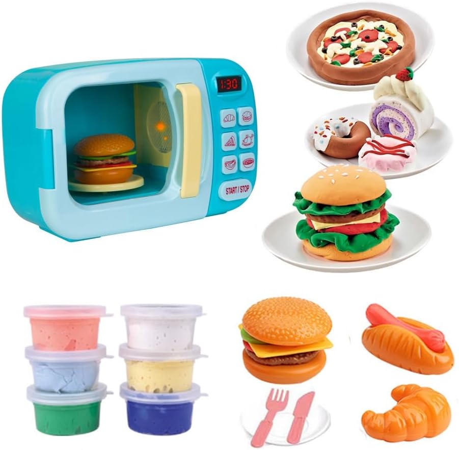 BoterLun toy microwave play set with light-up buttons, play food and colorful play dough - view 7