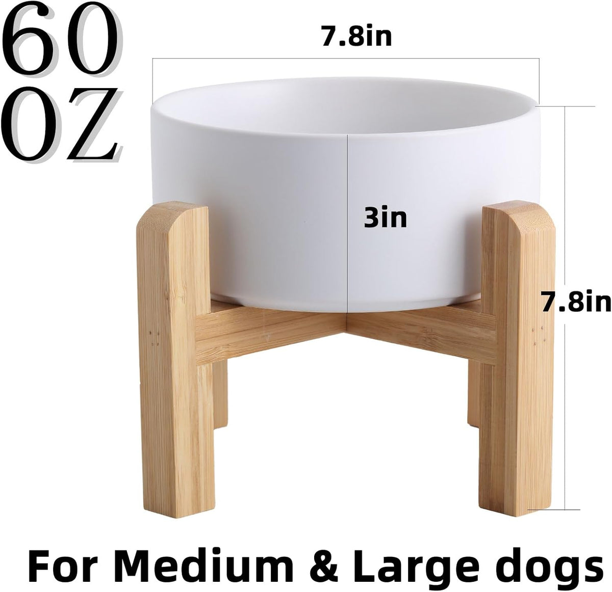 Elevated/Raised Ceramic Dog Bowl with Bamboo Stand，6 Inch 3.6 Cups - White / Large - image 2