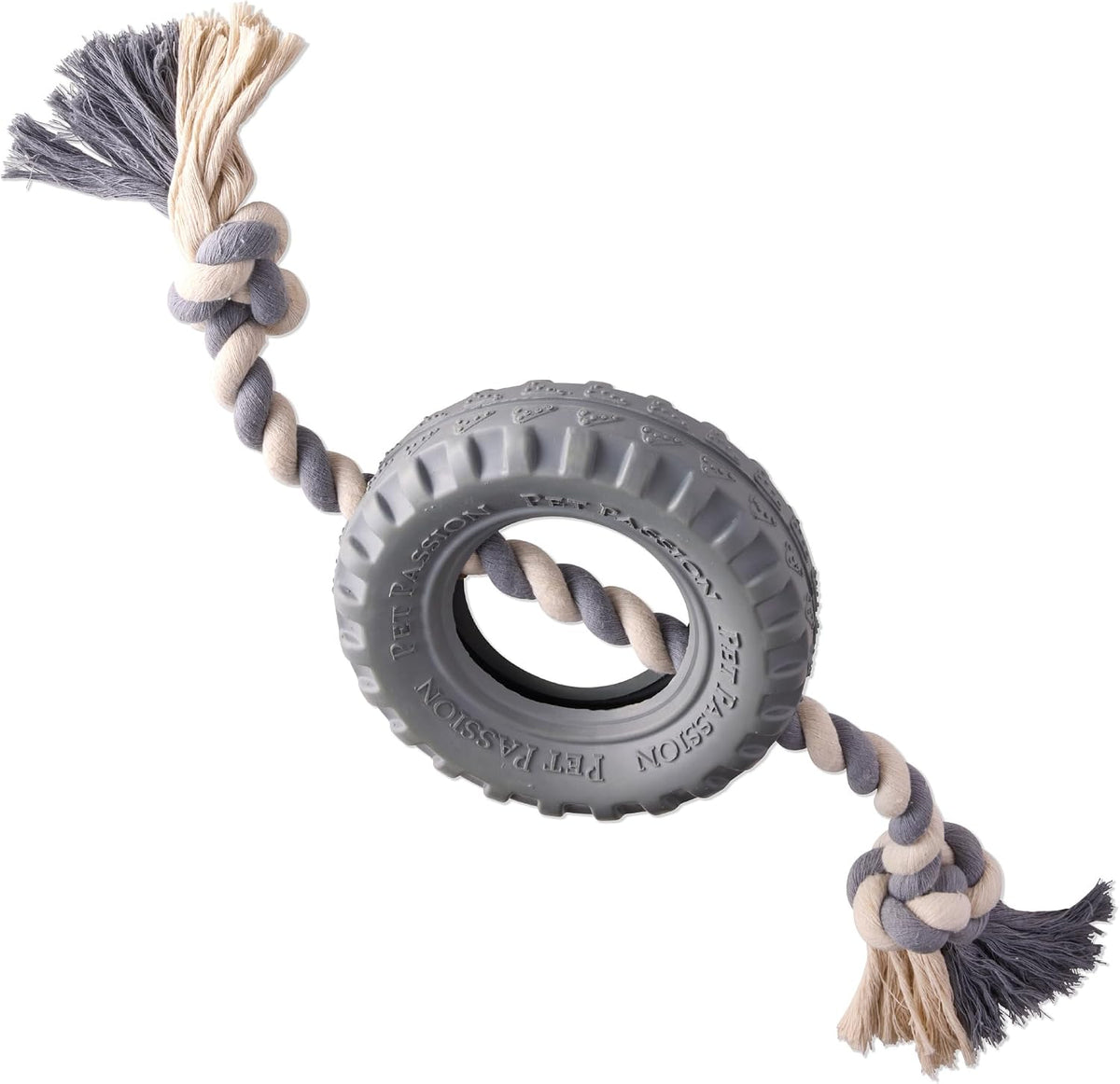 Pet Passion Natural Rubber Tire and Organic Cotton Rope Pull and Chew - Gray / Small