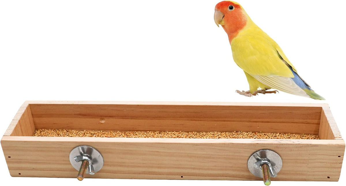 Bird Feeding Cups, Natural Wooden Parrot Perch Stand - 11.8 × 3.1 Inch