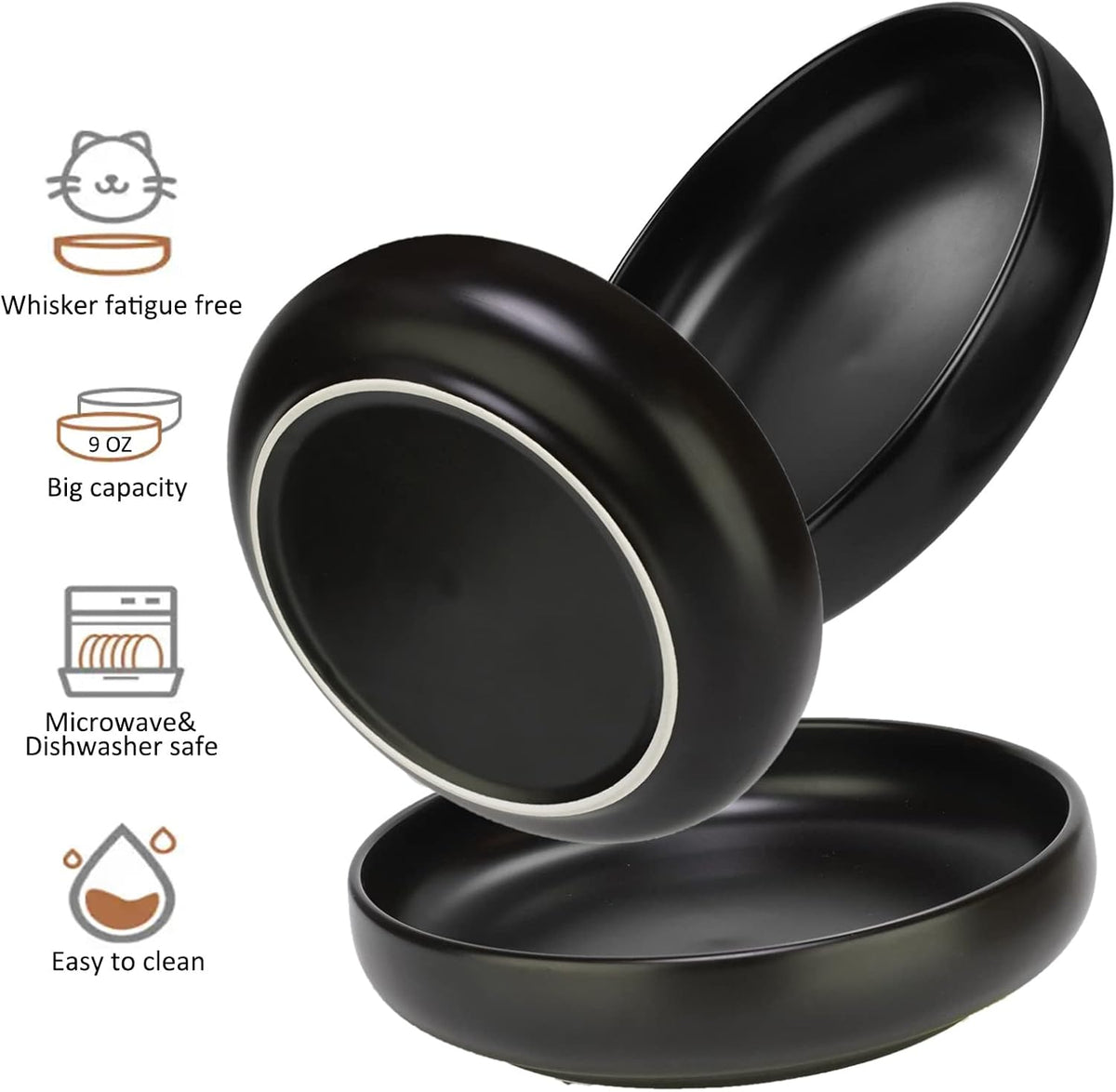 Ceramic Cat Bowls, Shallow Cat Dishes for Food and Water - Black-3pack - image 2