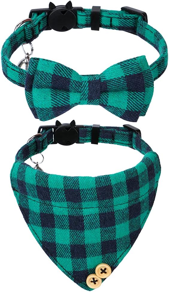Faleela Breakaway Cat Collar with Bells - Green bow+bandana