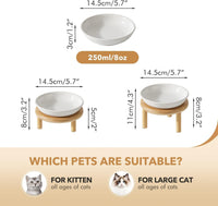 Elevated Cat Bowls, Ceramic Cat Bowl with Bamboo Stand Wide Opening – Essentials for Cats - White / Stripe x2 + Bamboo - image 2