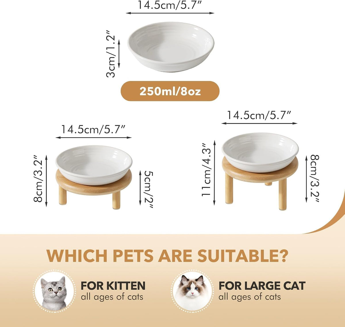 Elevated Cat Bowls, Ceramic Cat Bowl with Bamboo Stand Wide Opening – Essentials for Cats - White / Stripe x2 + Bamboo - image 2