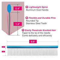 Greyhound Comb with Oval Handle for Dogs and Cats, Removing and Shedding Matted, Tangled Hair, Metal Comb with Stainless Steel Pins, Detangling Grooming Tool (9.8" Blue-20% fine pins)
