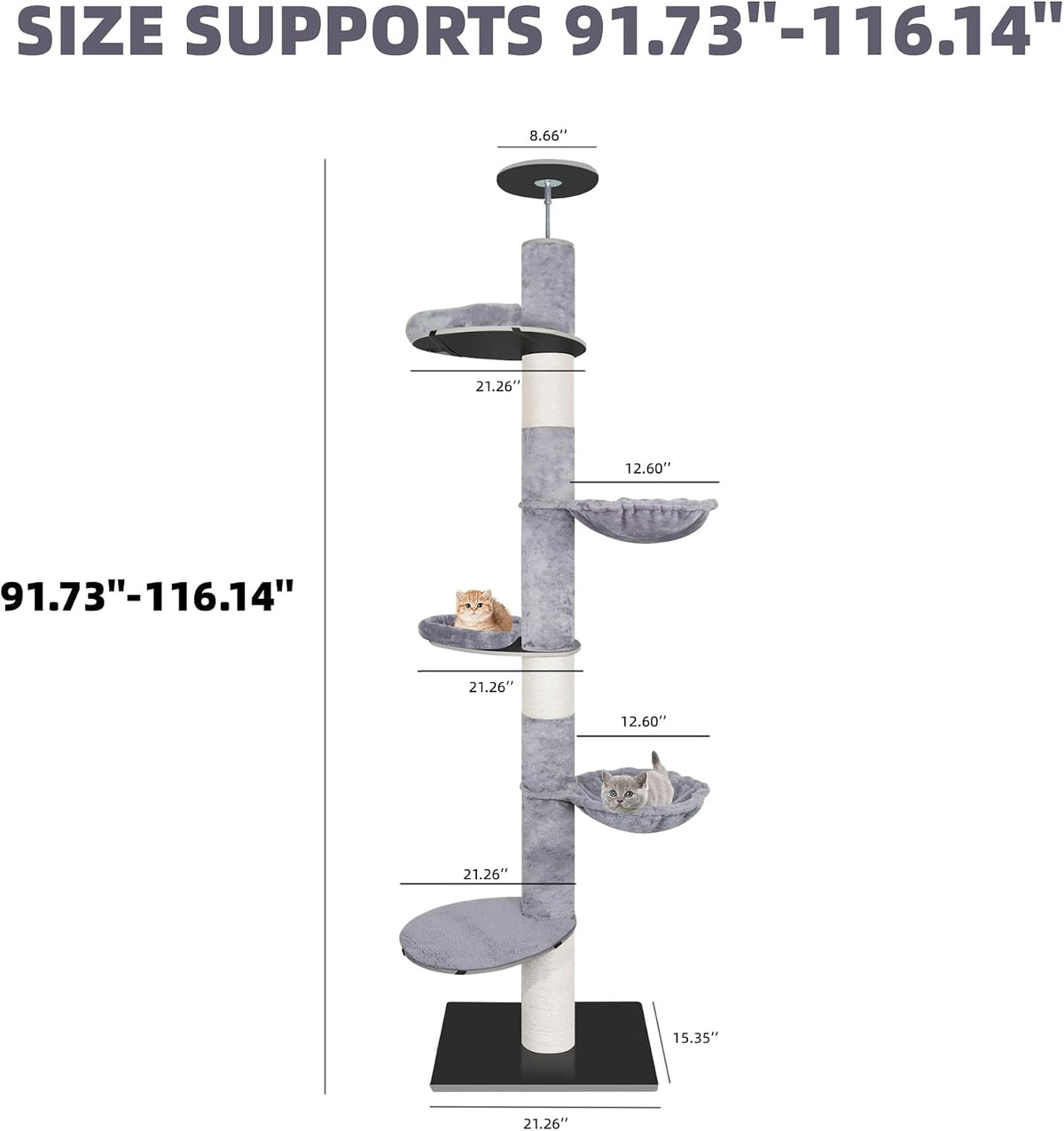 Adjustable 93"-116" Tall Cat Climbing Tree 5-Tier Kitty Activity - Big / Grey 2 - image 3