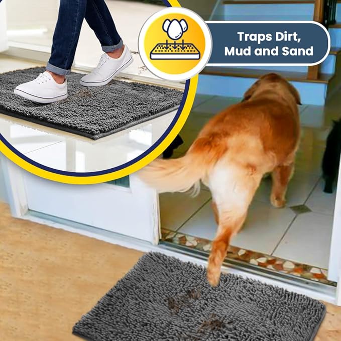 Muddy Mat® 2-in-1 Set: AS-SEEN-ON-TV Grey Microfiber Door Mat (30"X19") & Doggy Dryer Plush Shammy Towel - Non-Slip, Washable & Highly Absorbent Solutions for Soggy Paws & Clean Floors