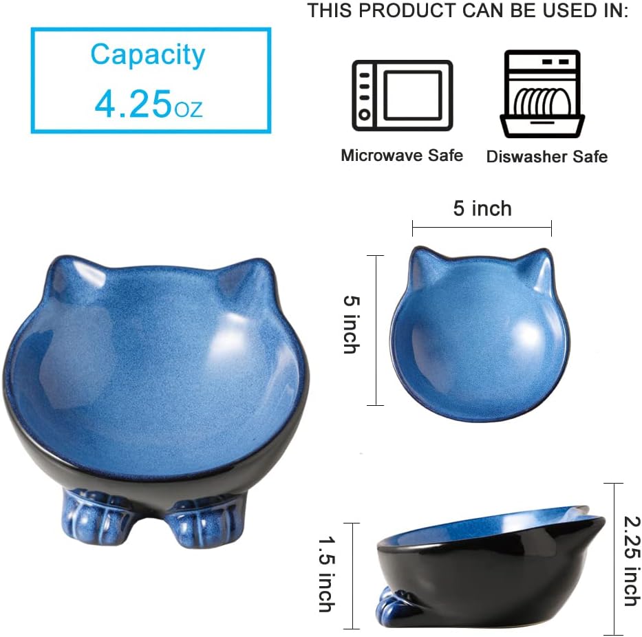Nihow Ceramic Basic Cat Bowls: 5 Inch Cat Bowl for Food & Water – Essentials for Cats - 4.25 OZ / Blue & Black - image 2