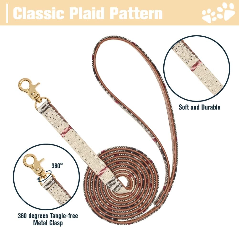 Dog Collar and Leash Set - Embroidery Floral Dog Bow Tie and Bandana Collar with Bell, Cute Flower - Beige / S-M - image 3