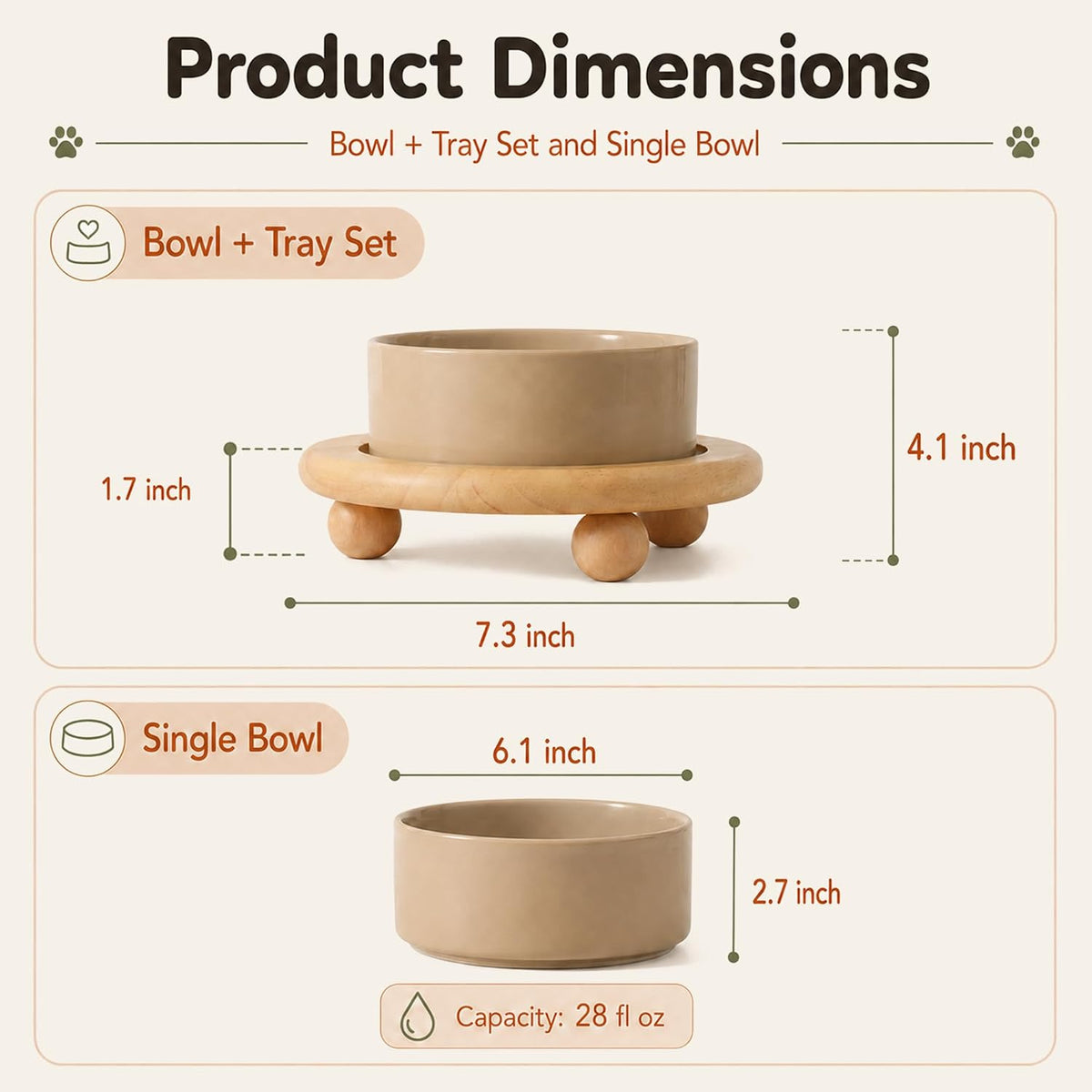 Cat Bowls Set of Two, 5.1” Ceramic Cat Food Bowls - Greige / Bowl+Tray - 6.1" - image 2