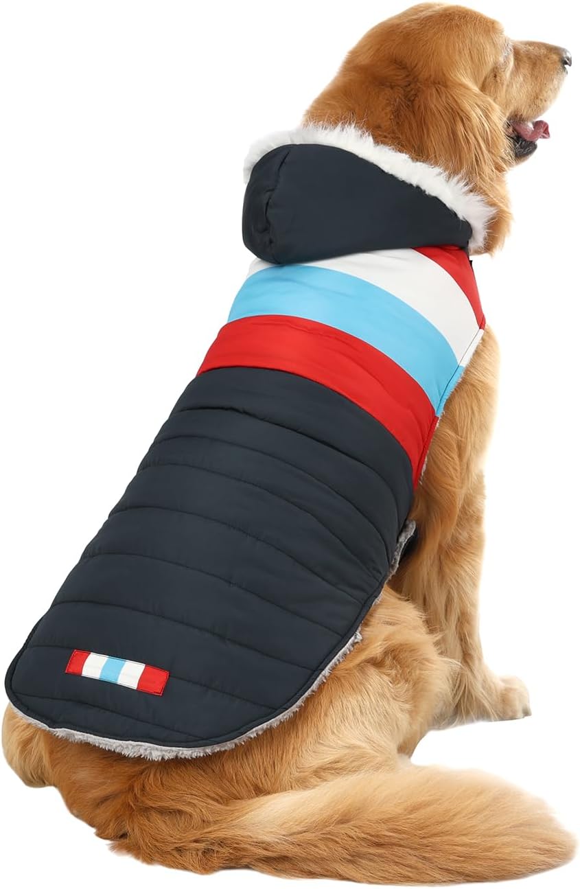 HDE Dog Puffer Jacket Fleece Lined Winter Coat & Harness Hole NVY - X-Large / Patriotic - image 2