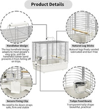 Bird Carrier Travel Cage, Durable Portable Stainless Steel Birdcage with Bird Perch & Feeding Bowl for Parrots Canaries Budgies Lovebirds Conures Cockatiels (Small White)