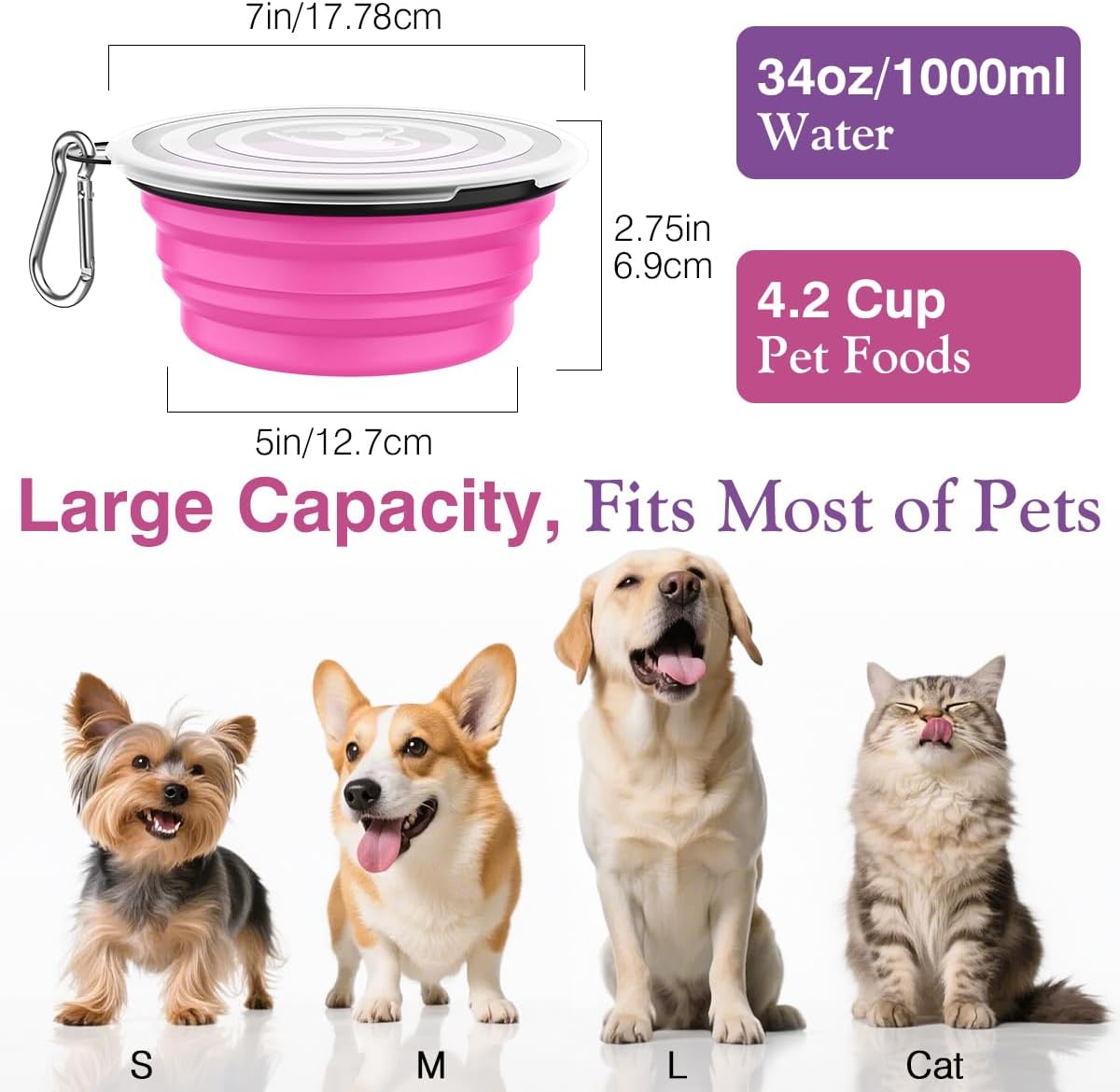 Pawaboo Collapsible Travel Dog Bowls 2 Pack with Lids&Carabiners - 1000ml(Pack of 2) / Pink + Purple - image 3