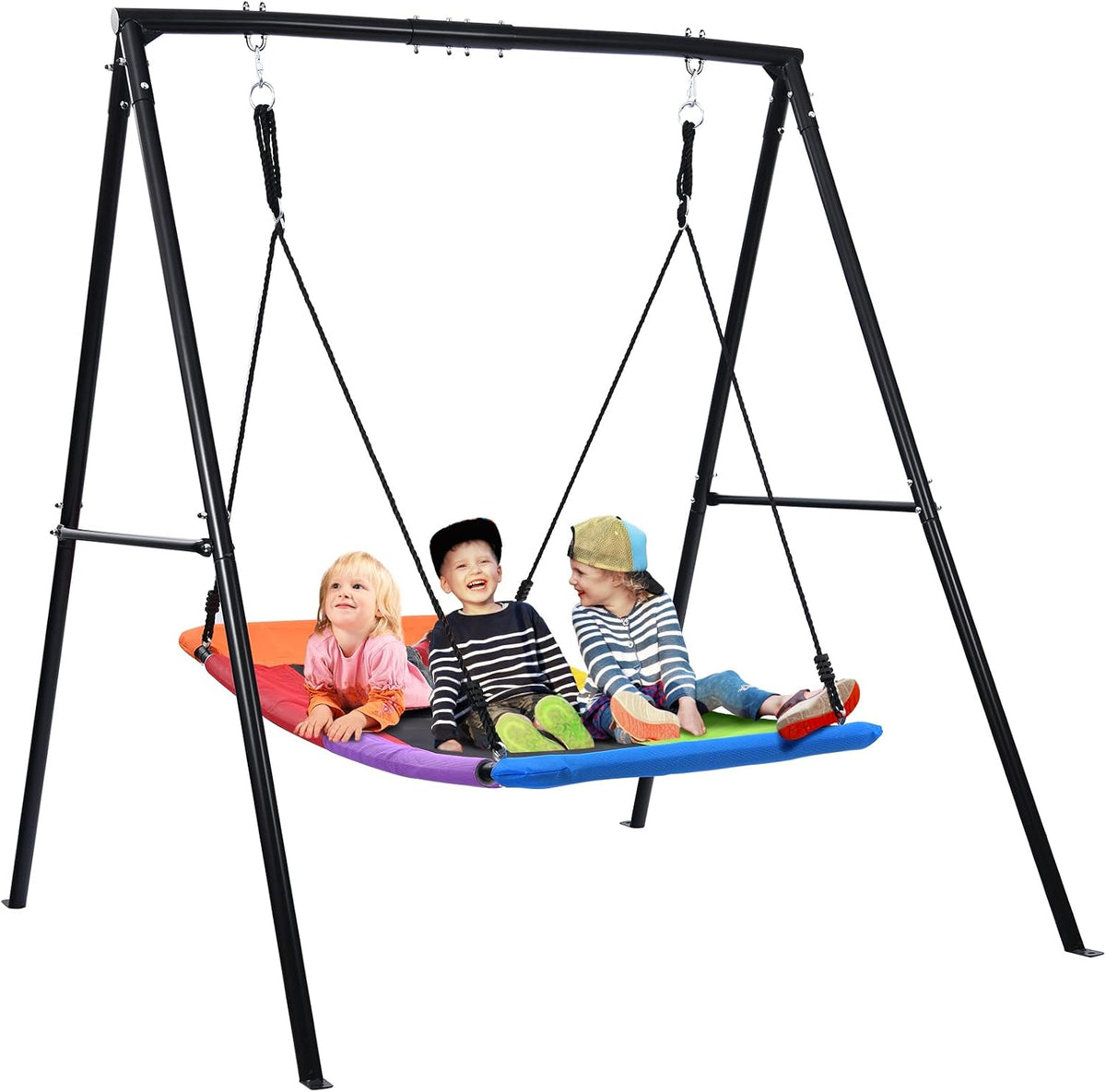 Trekassy 60" Platform Saucer Swing with Stand - Black Frame + Rainbow Swing / 440LBS & 6FT