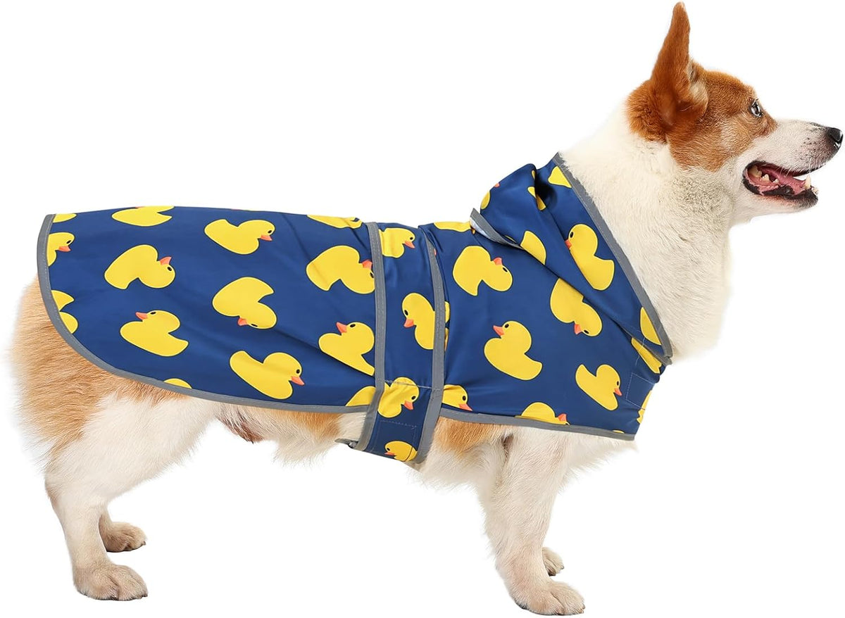 Dog Raincoat, Waterproof Dog Rain Jacket with Hood - Navy Blue Duck / Large