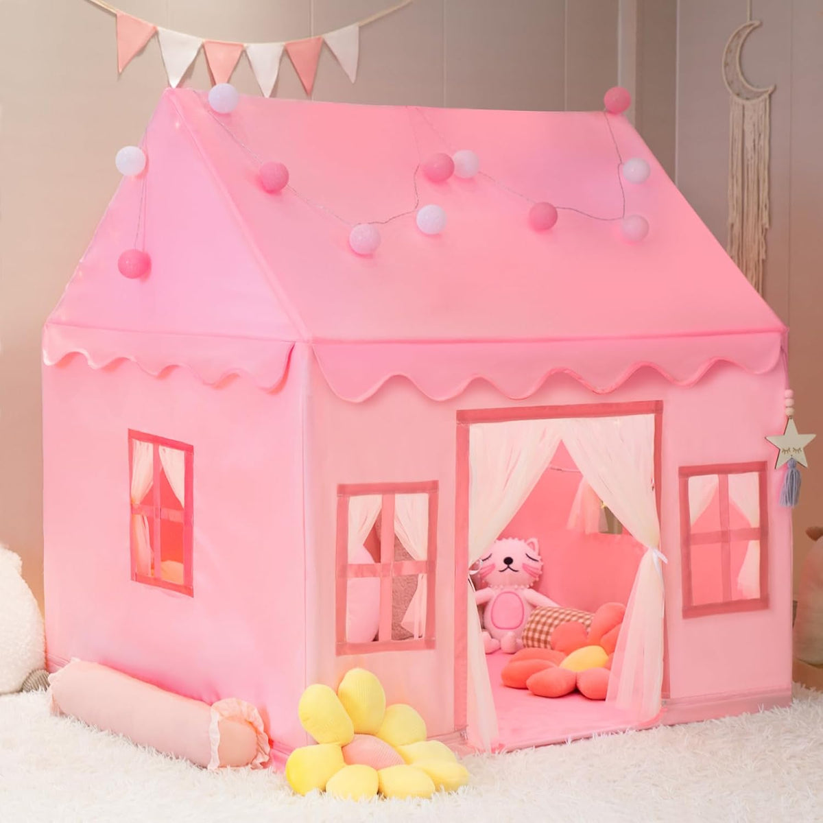 Large Kids Tent Playhouse Base Fabric with Star Lights - Pink