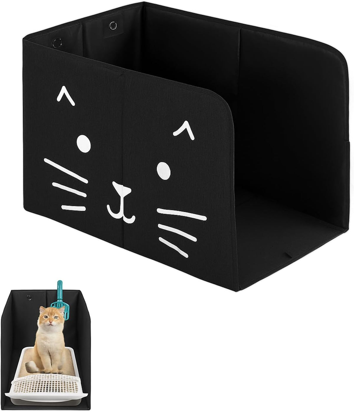 Waterproof Cat Litter Box Enclosure Splash Guard with Removable Mat - Black Cat Face / Large
