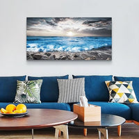 Lapremoly Large Wall Decoration For Living Room Framed Canvas Wall Art For Bedroom Office Wall Decor Black And White Beach Wall Painting Blue Sea Wave Pictures Artwork Modern Hotel Room Home Decor