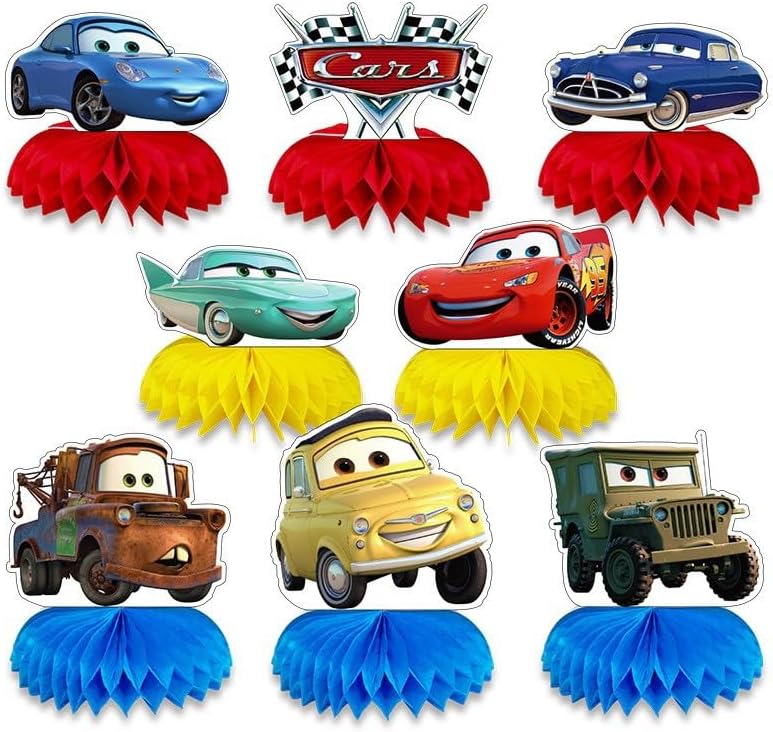 Tihufe 8 Cars party honeycomb centerpieces with double sided prints