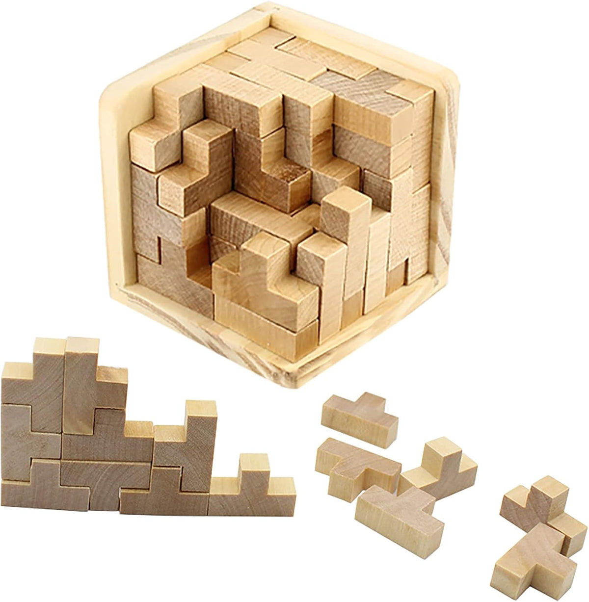 Wooden Brain Teaser Puzzles Cube Stocking Stuffers Wooden Puzzles - Natural