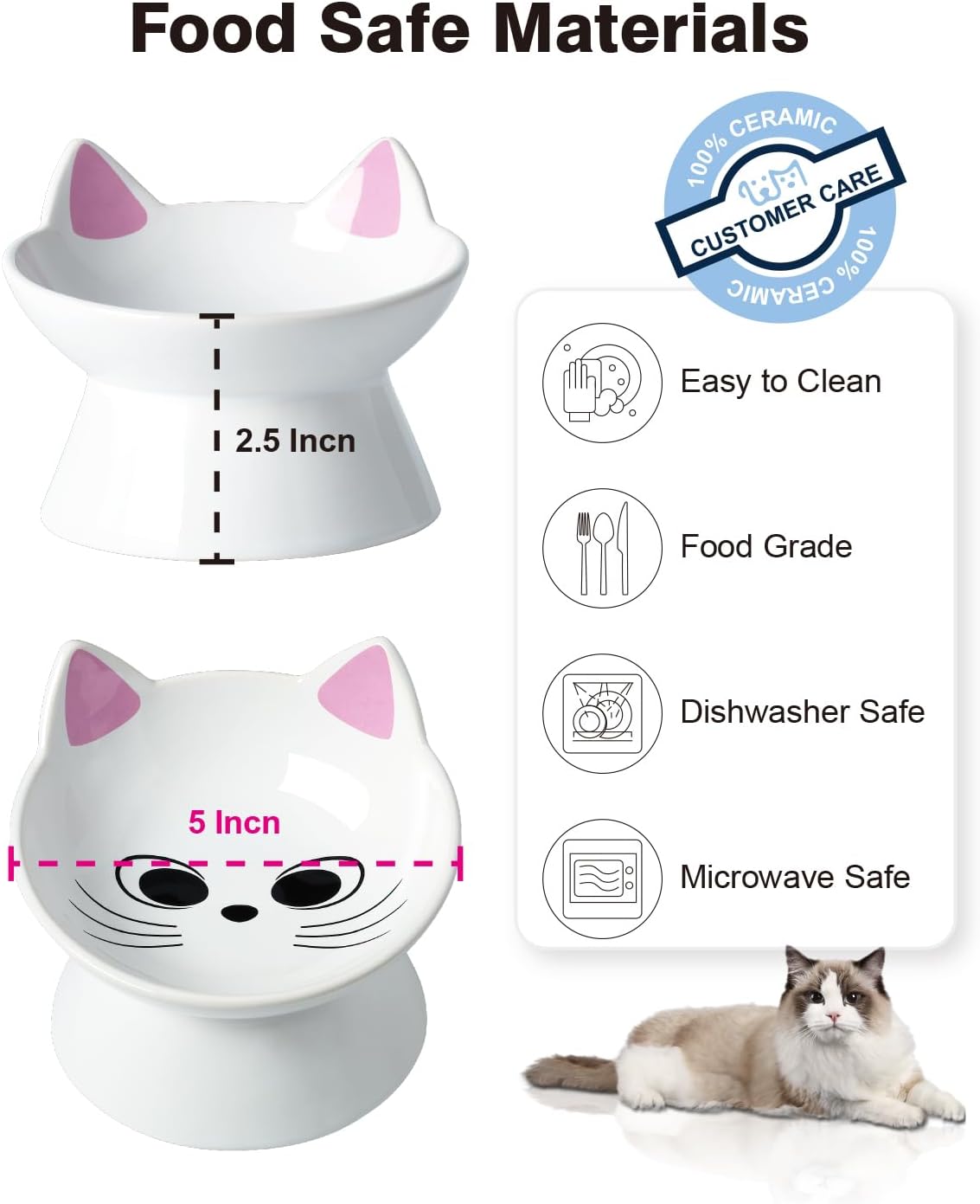 Cat Water Bowl, 15° Tilted and Raised Pet Food Dish - 1 Pack / Pink Cat - image 3